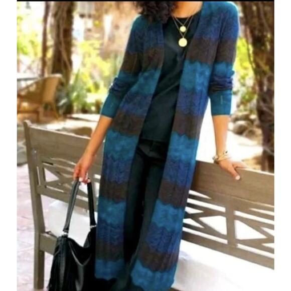 Soft Surroundings Sweaters - SOFT SURROUNDINGS Gabriela Blue Chevron Knit Open Front Maxi Duster Cardigan